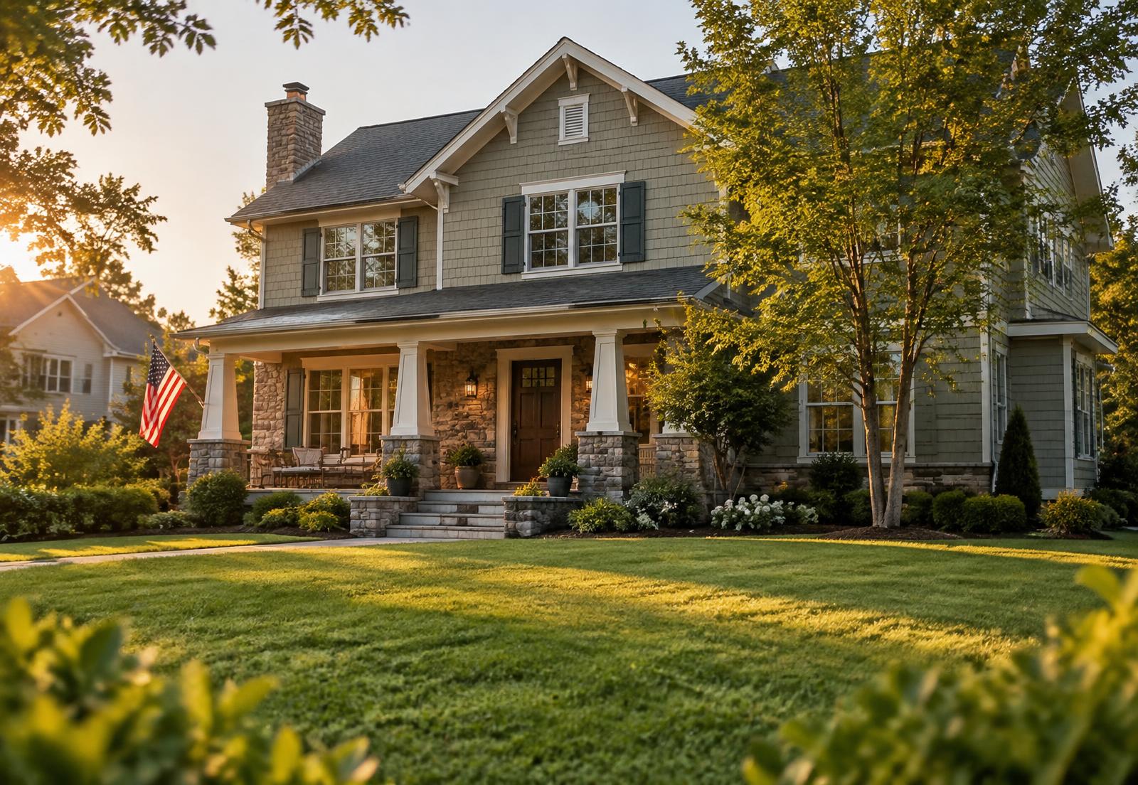 A craftsman-style home at golden hour